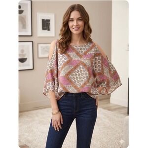 Millenium Cold Shoulder Poncho Blouse Womens 3X Pink Paisley Patchwork Top Boho